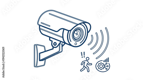 Minimal outline vector of a CCTV camera with motion detection waves, smart surveillance concept, flat vector style, clean lines, solid colors only, isolated on white background, commercial use