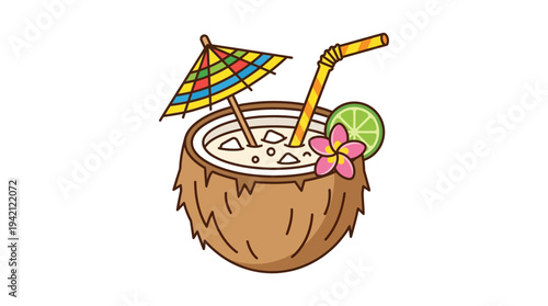 Flat vector outline illustration of a coconut drink with straw and small umbrella, tropical holiday concept