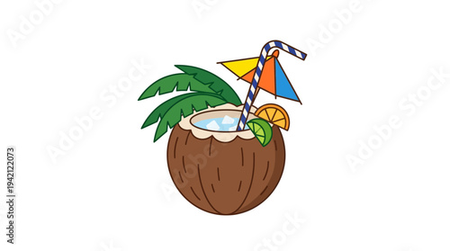 Flat vector outline illustration of a coconut drink with straw and small umbrella, tropical holiday concept