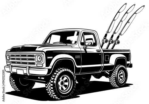 Off-Road Pickup Truck with Fishing Rods – Black and White Outdoor Adventure Illustration for Anglers