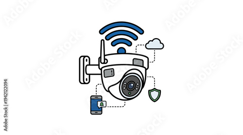 Minimal outline vector of a CCTV camera with recording indicator, security recording concept, simple line illustration, solid colors only, isolated on white background, commercial use, stock vector.