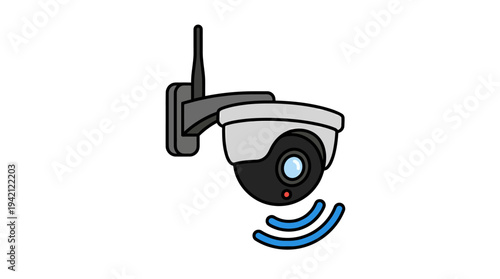 Minimal outline vector of a wireless CCTV camera with antenna, smart home surveillance concept, flat style, solid colors only, isolated on white background.