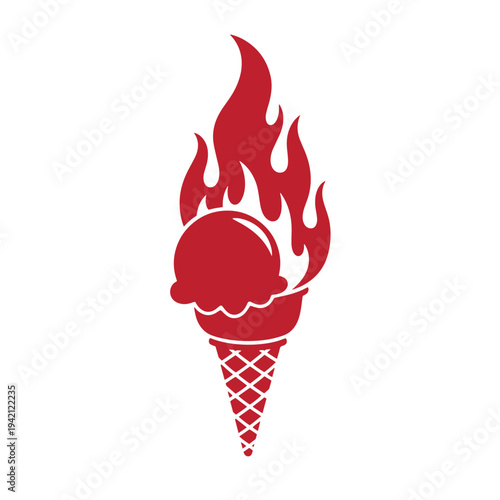 Red ice cream cone on fire with flames rising up  dessert in a waffle cone getting burned