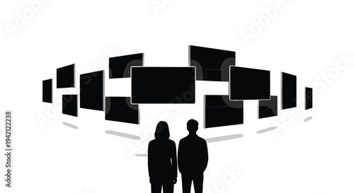 Vector illustration of two people surrounded by screens