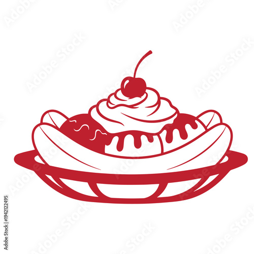 red illustration of banana split dessert with whipped cream and cherry on top in bowl