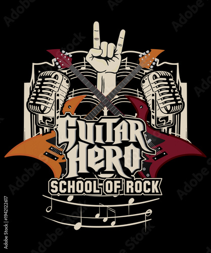 Guitar Hero School of Rock T-shirt design with crossed electric guitars, microphones, and hand gestures