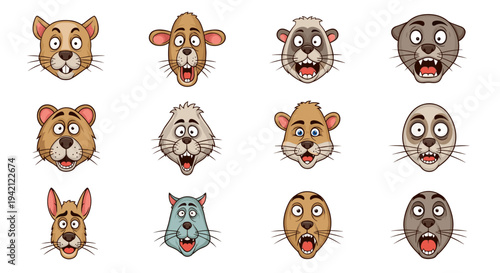 Collection of cartoon animal faces showing various expressions