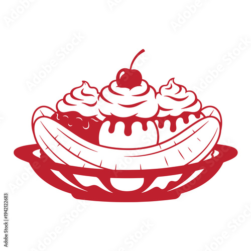 Red illustration of banana split with whipped cream and cherry on top isolated on white background