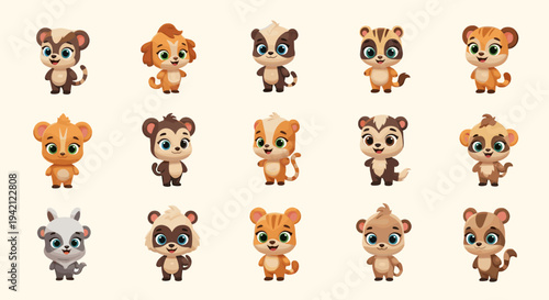 Collection of cute cartoon baby animals on light background