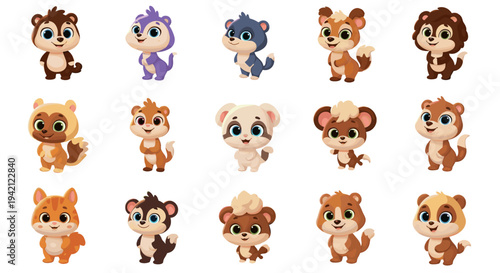 Collection of cute cartoon baby forest animals on white background