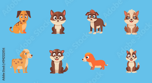Collection of cute cartoon dogs and animals on blue background