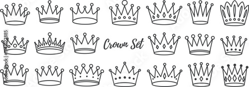 Collection of Hand- Drawn Crown Icons in Outline Style on White Background royalty