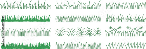 Collection of Hand Drawn Green Grass Border Elements on White Background nature