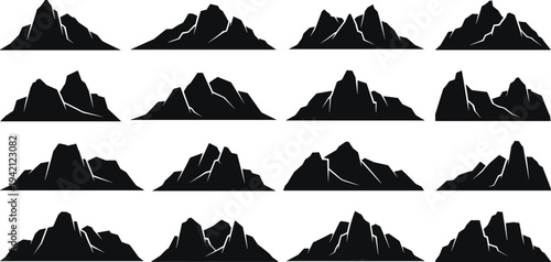 Collection of twelve black silhouette mountain peak icons with sharp edges and varied shapes nature