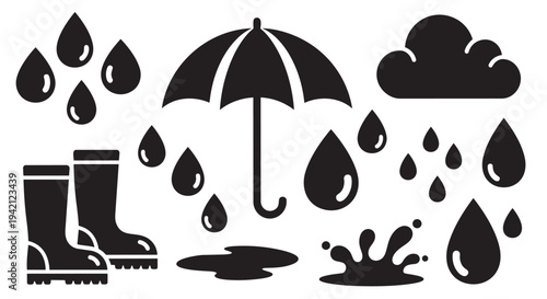 Rainy weather elements collection including umbrella, rain boots, rain drops, cloud and puddles illustration