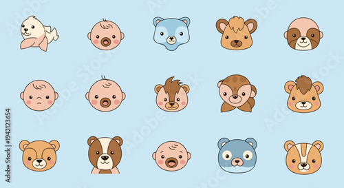 Cute cartoon baby and animal faces character icons set