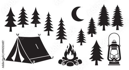 Camping elements collection including tent, campfire, trees, moon, and lantern in simple design style