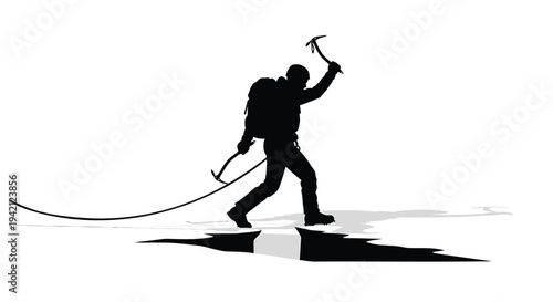 Black silhouette of a man climbing with pickaxe and rope vector