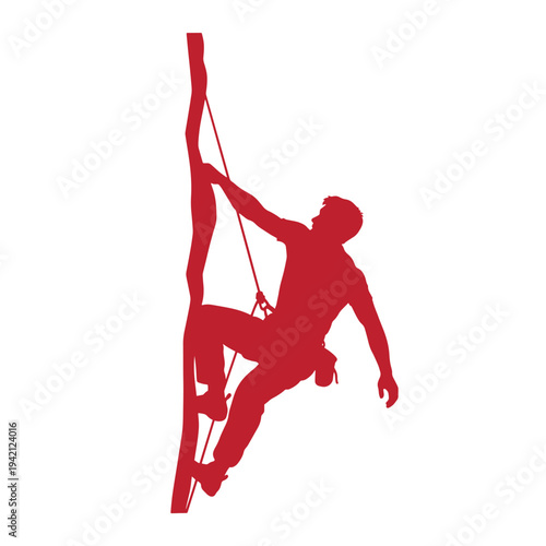 Red silhouette of a man rock climbing with ropes and harness on a white background