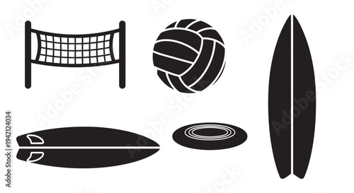 Beach volleyball and surfing icons set with various water sports equipment illustrations for design