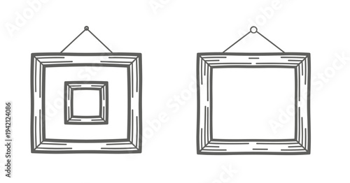 Two hand-drawn square picture frames, one nested within another, hanging by a string photo display