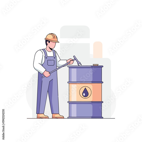 Worker opening a barrel of oil.