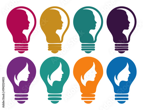  INNOVATION - Lightbulb with a feminine profile inside the glass  Flat Vector Illustration on Transparent Background