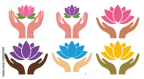  HEALTH AND WELLNESS - Lotus flower held in two feminine hands  Flat Vector Illustration on Transparent Background
