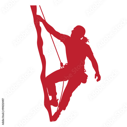 red silhouette of a person rock climbing on a wall with ropes attached to their harness