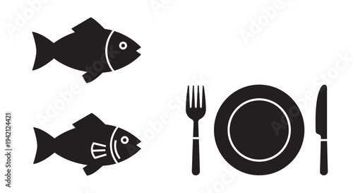Black and white vector illustration of dinner table setting and fish on a white background
