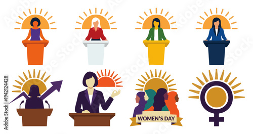  LEADERSHIP - Woman standing at a podium with a rising sun background  Flat Vector Illustration on Transparent Background