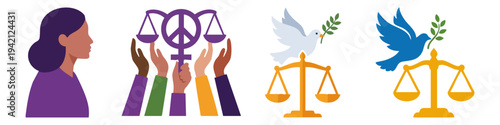 PEACE AND EQUITY - Dove carrying an olive branch over a justice scale  Flat Vector Illustration on Transparent Background