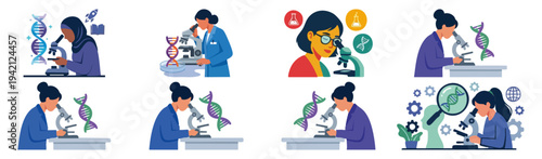 STEM ADVANCEMENT - Woman looking through a microscope at a DNA strand  Flat Vector Illustration on Transparent Background