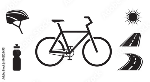 Bicycle cycling elements collection with bike helmet water bottle road and sun icons