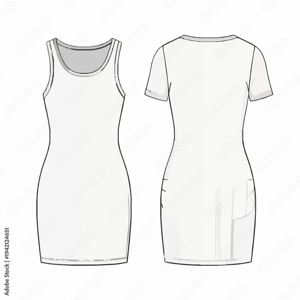 Poster, Print Sleeveless and short sleeve rib bodycon dress flat sketch vector, 40x40 cm