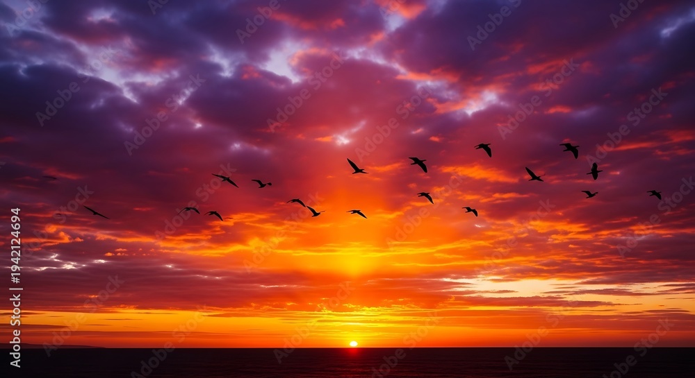Obraz premium Vibrant sunset with birds flying.