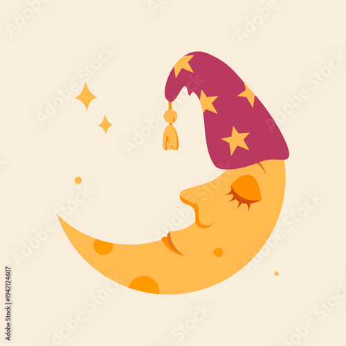 Cosy illustration of a crescent moon with a smiling face sleeping in a night cap with stars. Great for poster, print, sticker, kids clothes, pyjamas, books