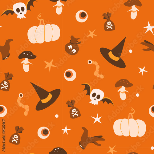 Cute and funny Halloween pattern with pumpkin, skull, mushrooms, witch hat, candies on an orange background. Perfect for autumn textiles, prints, wrapping, fall decor, pillow, packaging