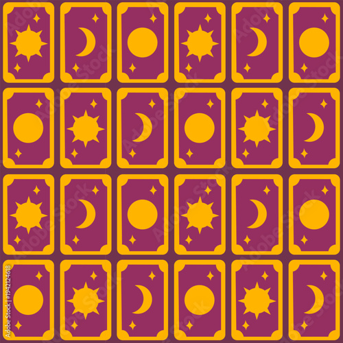 Magical seamless pattern of tarot cards with moon and sun in purple and yellow. Great for textiles, backgrounds, prints
