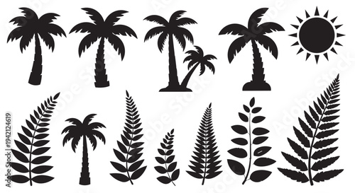 Tropical palm trees and leaves silhouettes collection with various designs and a sun icon