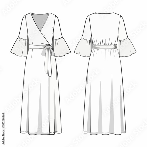 Bell trumpet sleeve wrap maxi dress modest fashion flat sketch