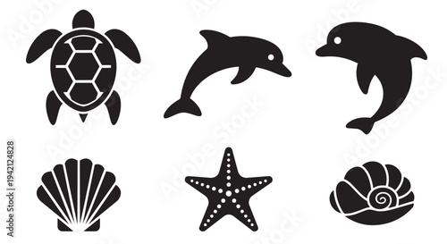 Photography Black silhouette icons of marine animals and seashells for ocean themes and desi