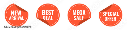 Set of orange round sale stickers featuring new arrival, best deal, and special offer text with curled corners