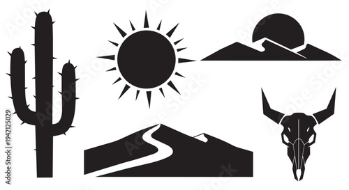 Western themed illustration set featuring cactus, sun, mountains, and bull skull silhouettes together