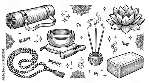 Serene wellness illustration featuring meditation, zen, bowl, lotus, and incense in a peaceful environment from a direct viewpoint.