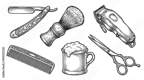 Barber shop tools and accessories arranged neatly on a clean surface from a top-down viewpoint with grooming equipment