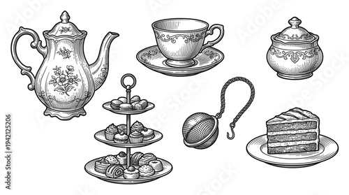 An elegant tea setting with teapot, cup, and cake on display, featuring refined tableware and sweet treats