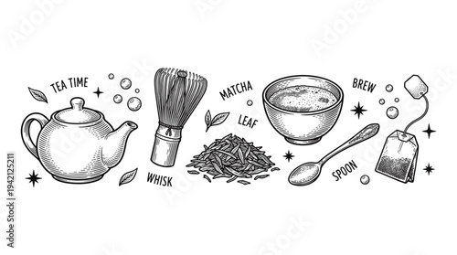 Tea time illustration featuring teapot, whisk, matcha, leaf, and spoon arranged artistically on a clean background from a straightforward viewpoint