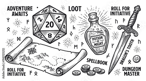 A fantasy scene featuring a dice, spellbook, potion, and sword on a parchment map