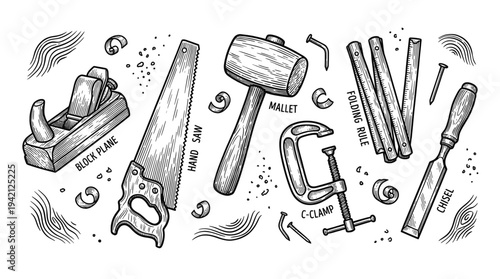 Collection of carpentry tools including plane, saw, hammer, chisel, and clamp on a white background viewed from directly above